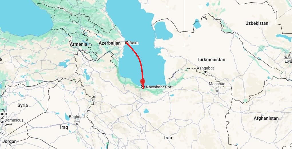 مسیر بندر نوشهر تا بندر باکو